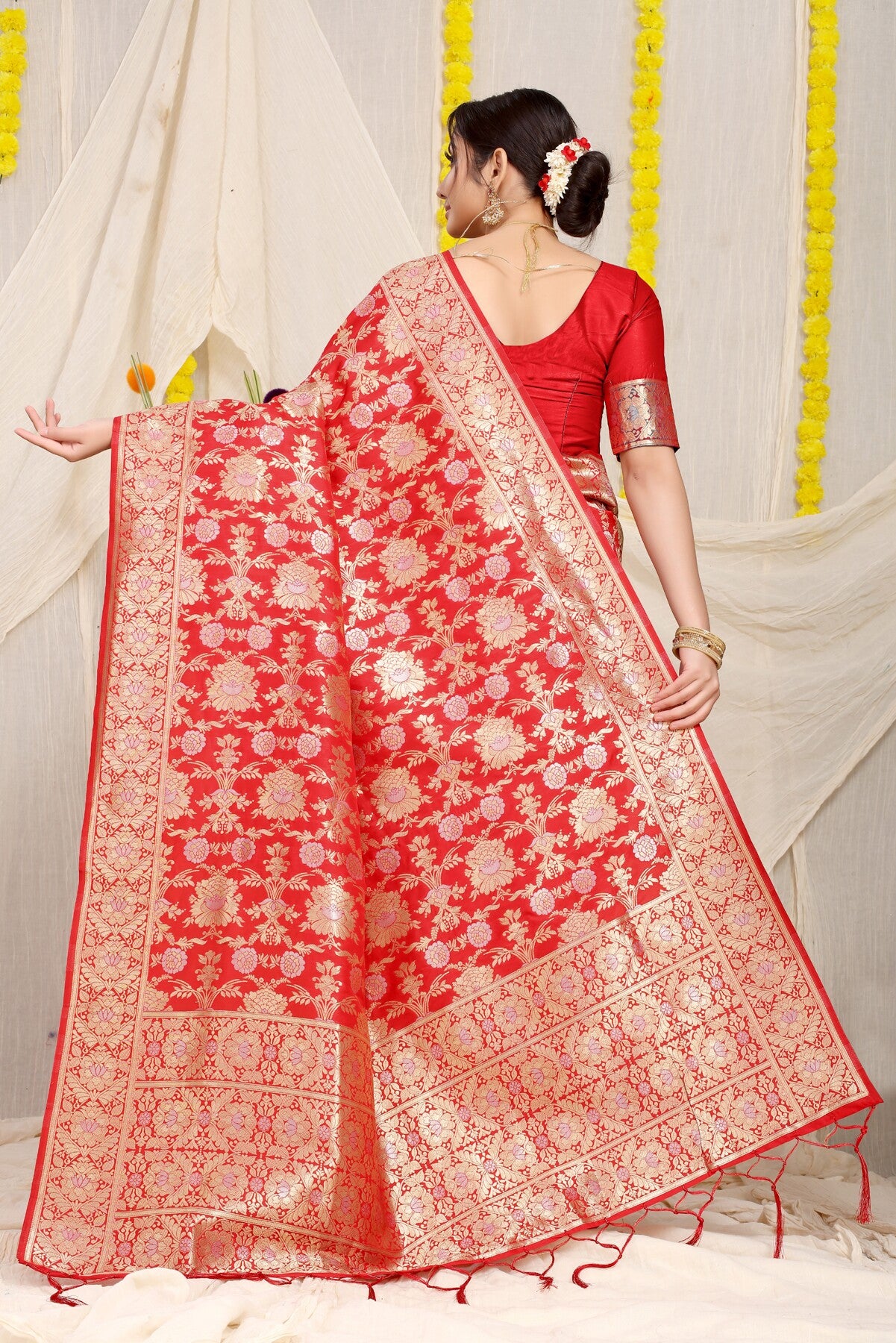 Phenomenal Red Banarasi Silk Saree With Fairytale Blouse Piece