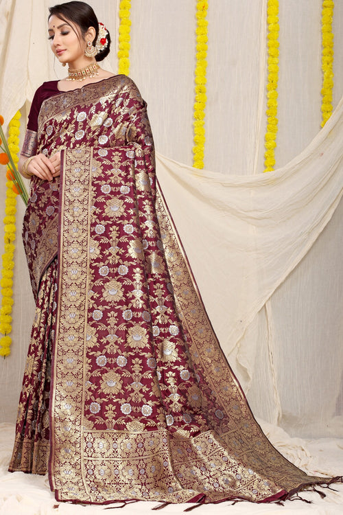 Load image into Gallery viewer, Ethnic Wine Banarasi Silk Saree With Fairytale Blouse Piece
