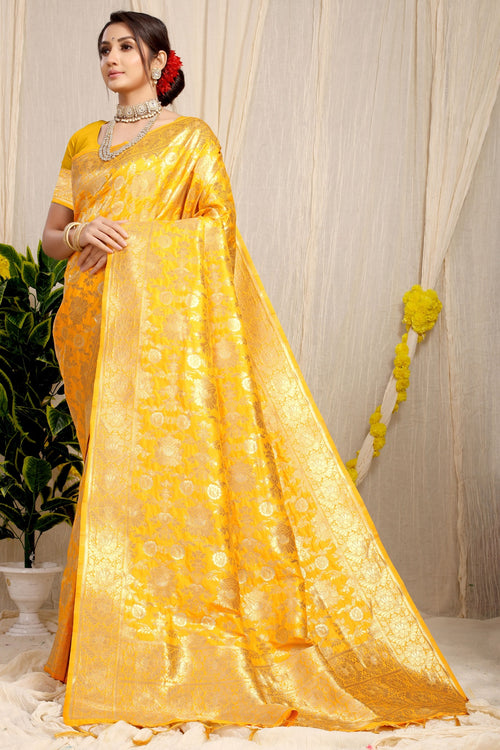 Load image into Gallery viewer, Prominent Yellow Banarasi Silk Saree With Fairytale Blouse Piece
