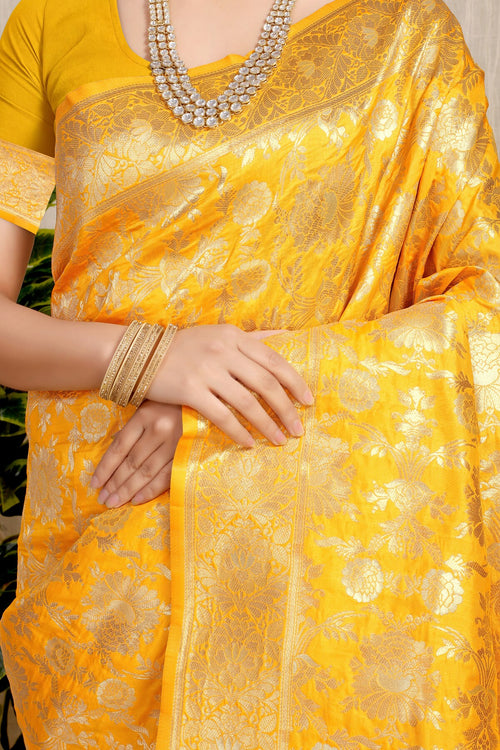 Load image into Gallery viewer, Prominent Yellow Banarasi Silk Saree With Fairytale Blouse Piece
