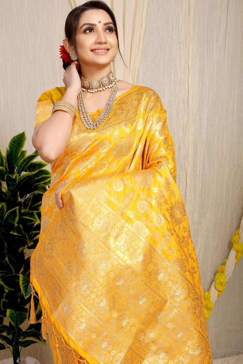 Load image into Gallery viewer, Prominent Yellow Banarasi Silk Saree With Fairytale Blouse Piece
