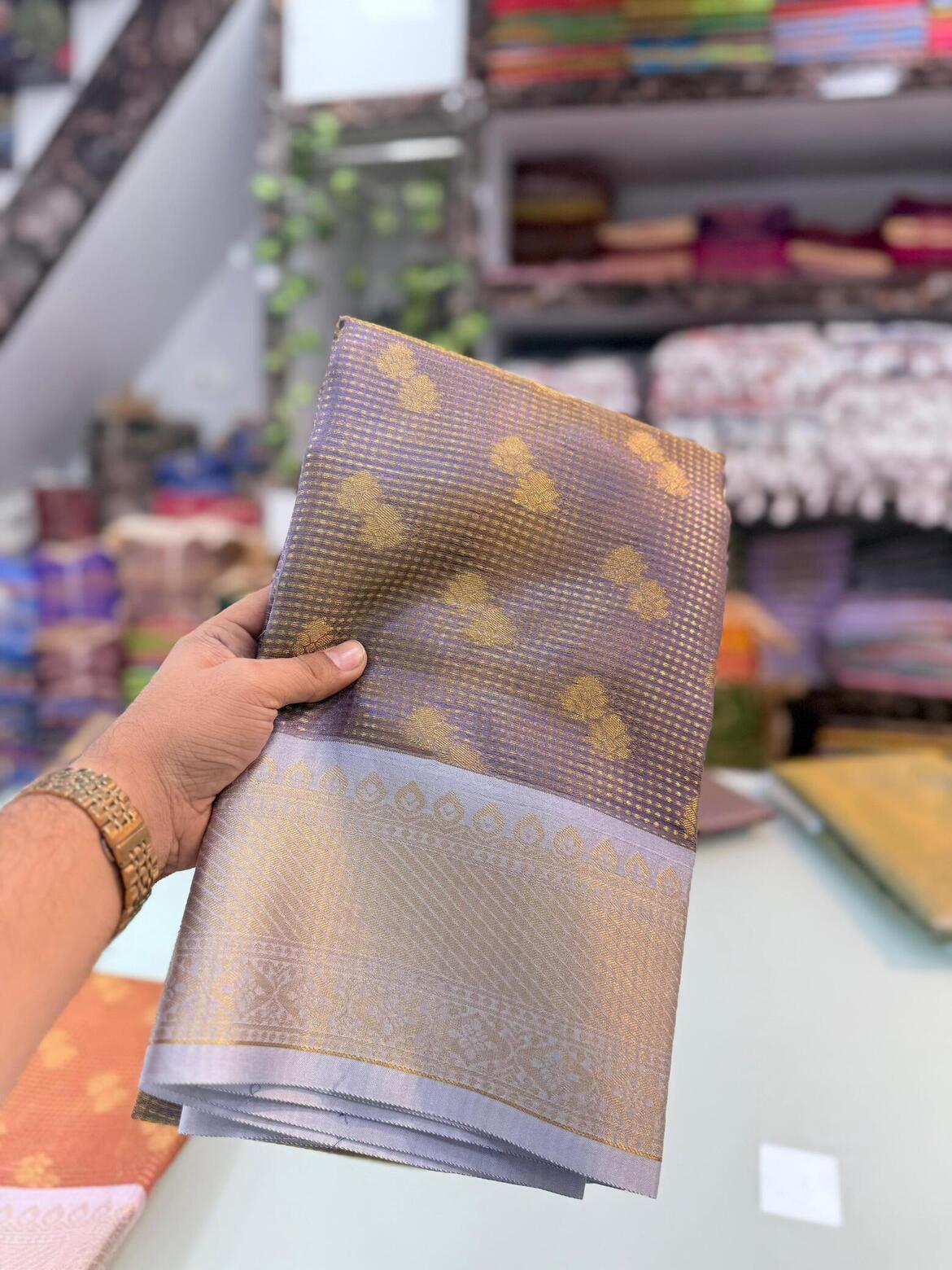 Beautiful Lavender Soft Tissue Silk Saree With Radiant Blouse Piece