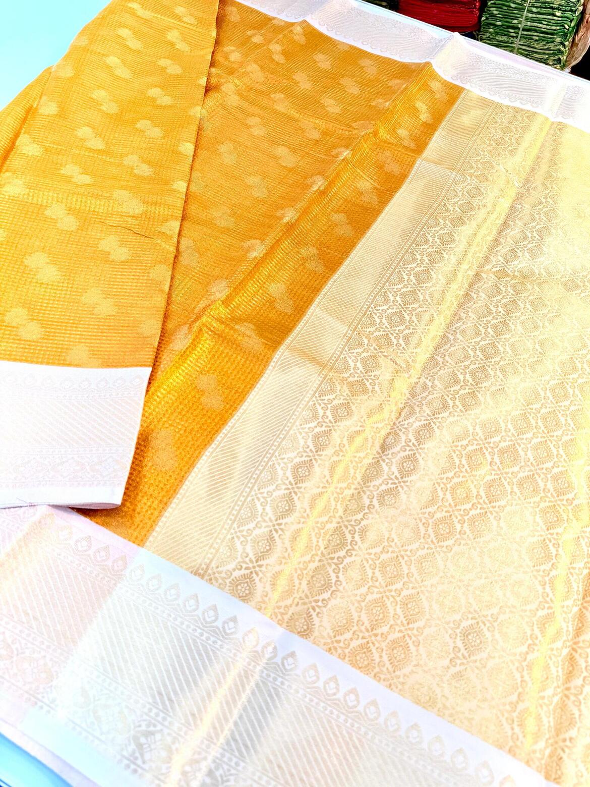 Effervescent Yellow Soft Tissue Silk Saree With Petrichor Blouse Piece