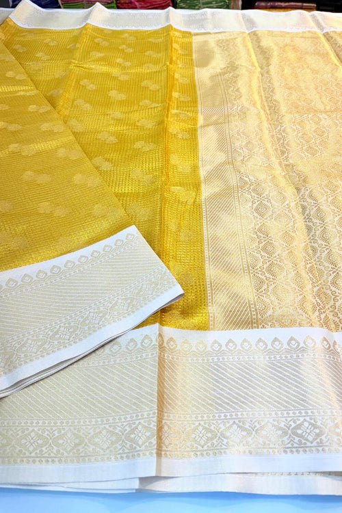 Load image into Gallery viewer, Effervescent Yellow Soft Tissue Silk Saree With Petrichor Blouse Piece
