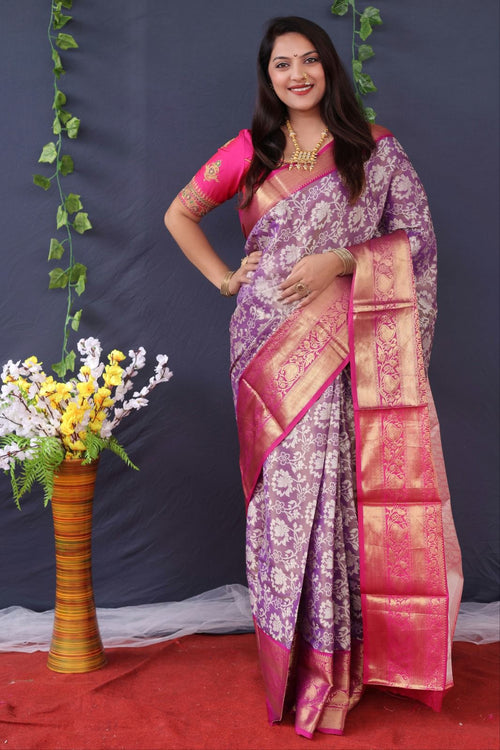 Load image into Gallery viewer, Profuse Purple Kanjivaram Silk With Magnificat  Blouse Piece
