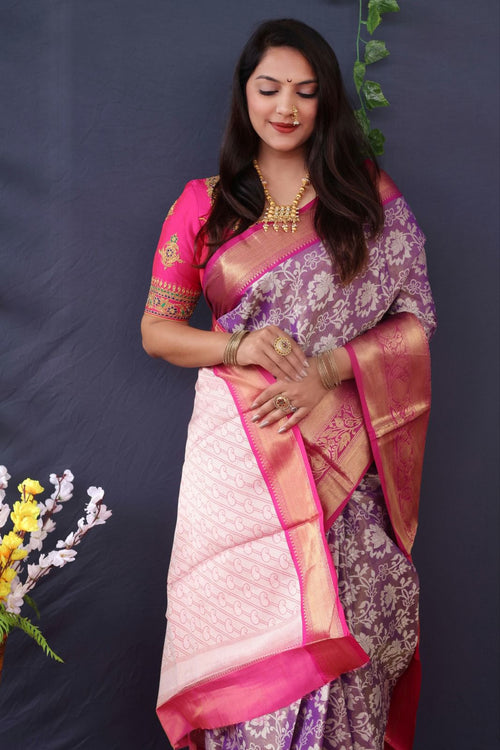 Load image into Gallery viewer, Profuse Purple Kanjivaram Silk With Magnificat  Blouse Piece
