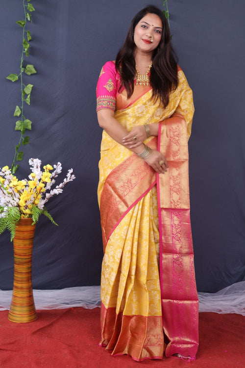 Load image into Gallery viewer, Luxuriant Yellow Kanjivaram Silk With Snazzy Blouse Piece
