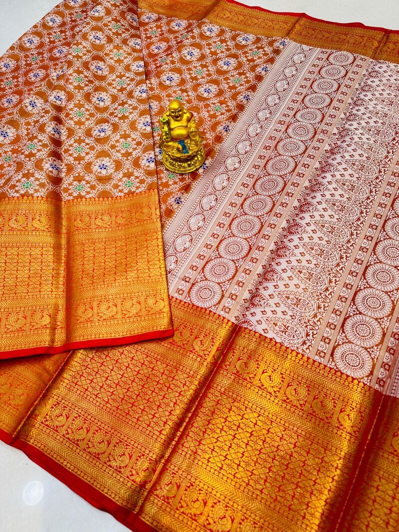Eloquence Orange Kanjivaram Silk and Angelic Blouse Piece