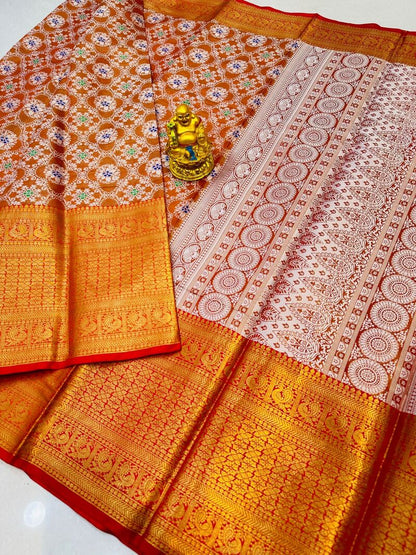 Eloquence Orange Kanjivaram Silk and Angelic Blouse Piece