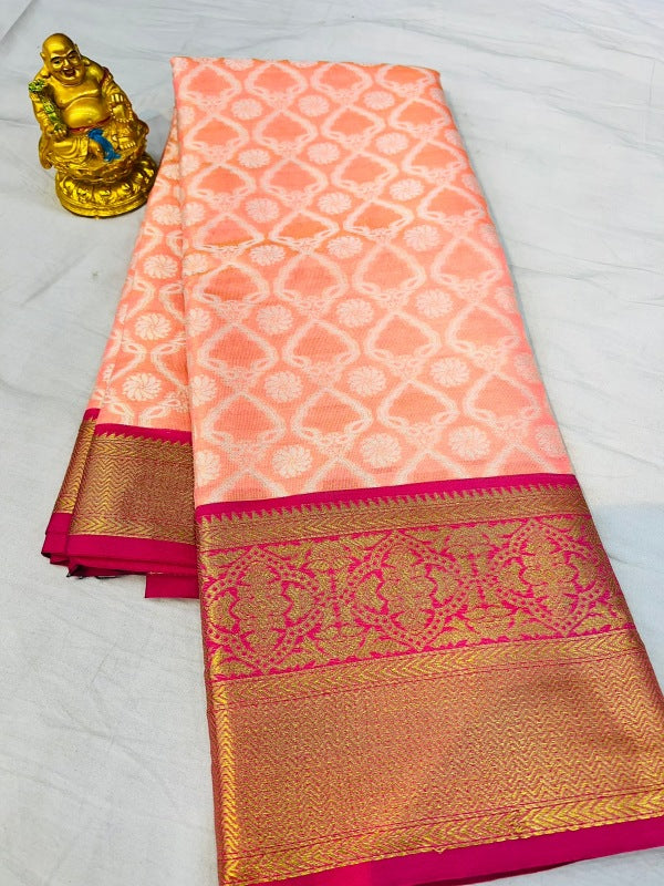 Charming Peach Kanjivaram Silk With Effervescent Blouse Piece