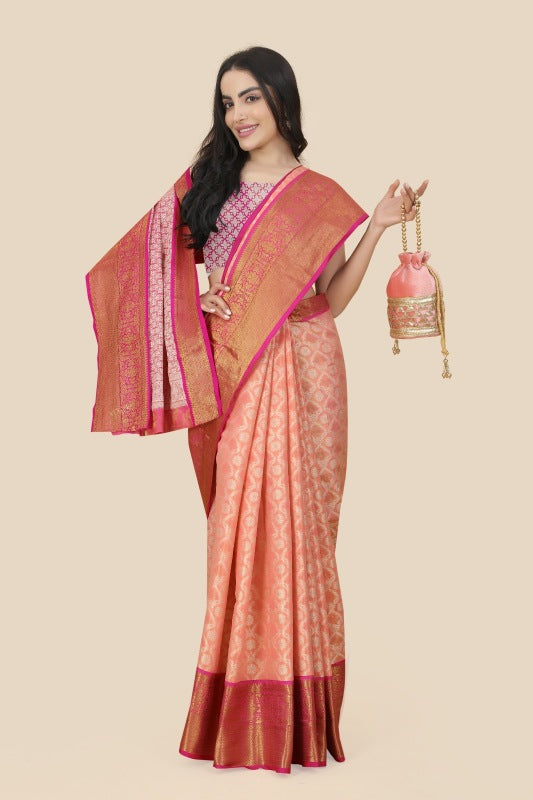 Charming Peach Kanjivaram Silk With Effervescent Blouse Piece