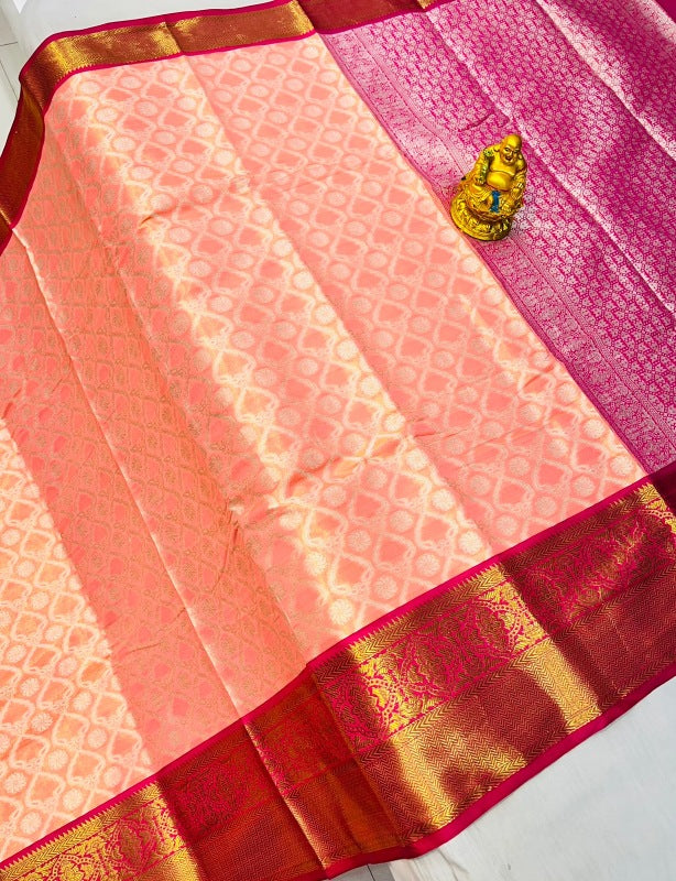 Charming Peach Kanjivaram Silk With Effervescent Blouse Piece