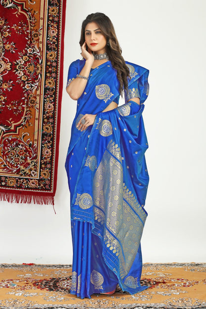Flaunt Blue Banarasi Silk Saree With Sizzling Blouse Piece