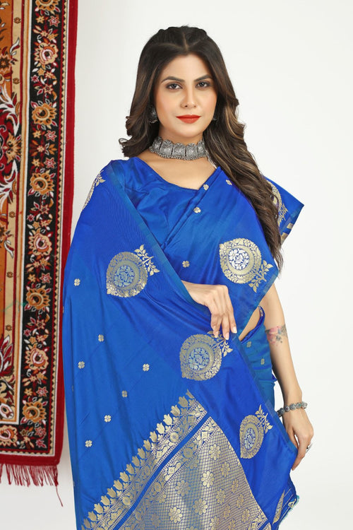 Load image into Gallery viewer, Flaunt Blue Banarasi Silk Saree With Sizzling Blouse Piece
