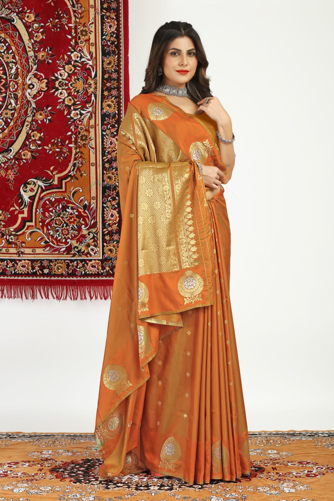 Beautiful Orange Banarasi Silk Saree With Demanding Blouse Piece