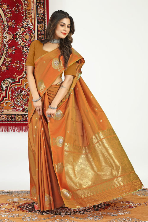 Load image into Gallery viewer, Beautiful Orange Banarasi Silk Saree With Demanding Blouse Piece
