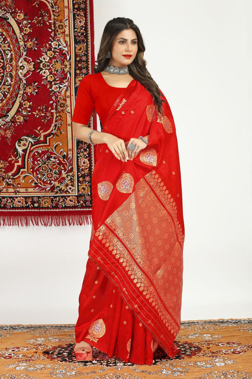 Load image into Gallery viewer, Desiring Red Banarasi Silk Saree With Appealing Blouse Piece
