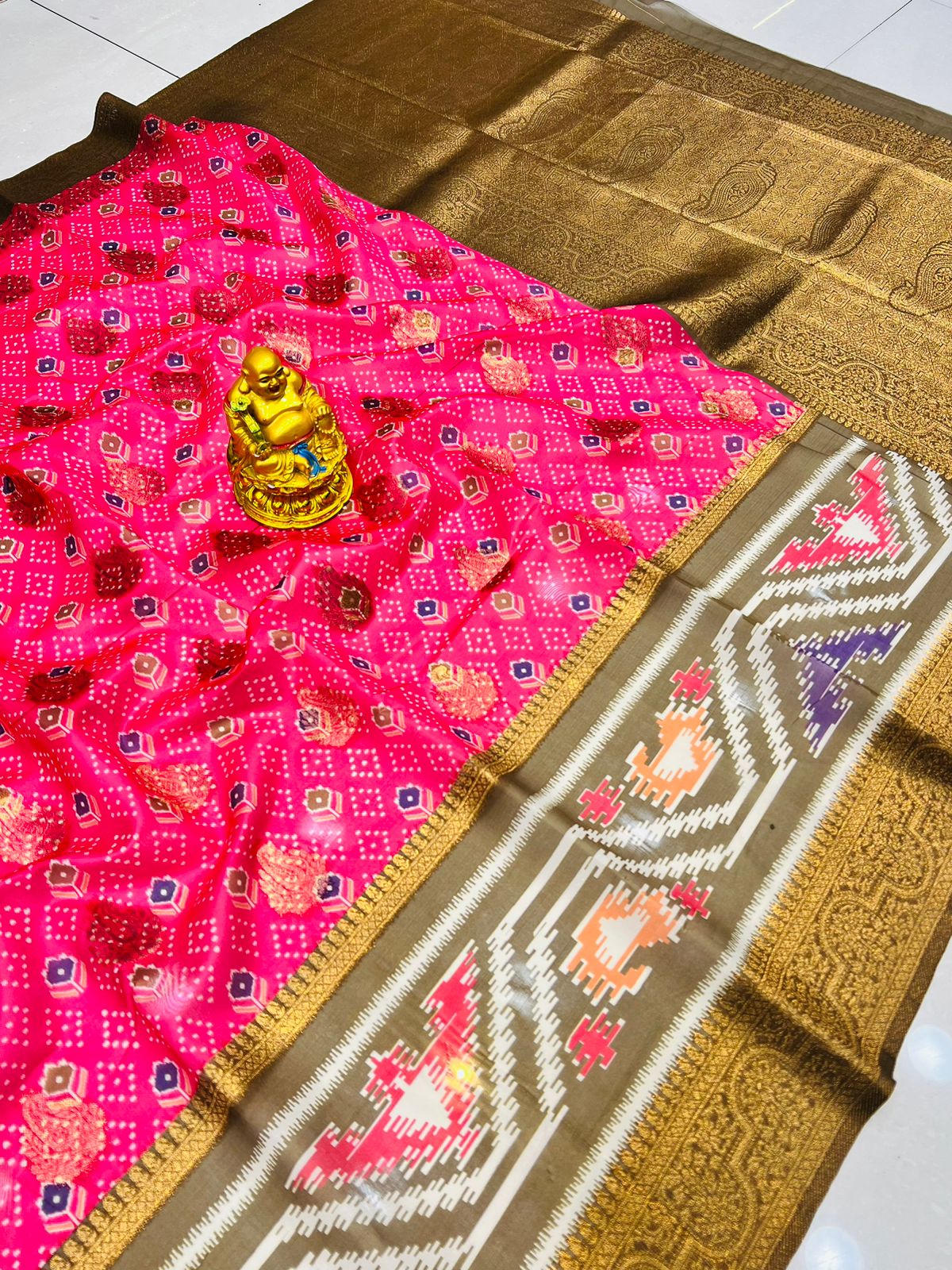 Flattering Dark Pink Patola Silk Saree with Amazing Blouse Piece