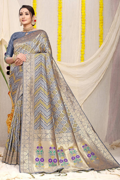 Glittering Grey Soft Banarasi Silk Saree With Beautiful Blouse Piece