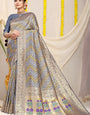 Glittering Grey Soft Banarasi Silk Saree With Beautiful Blouse Piece