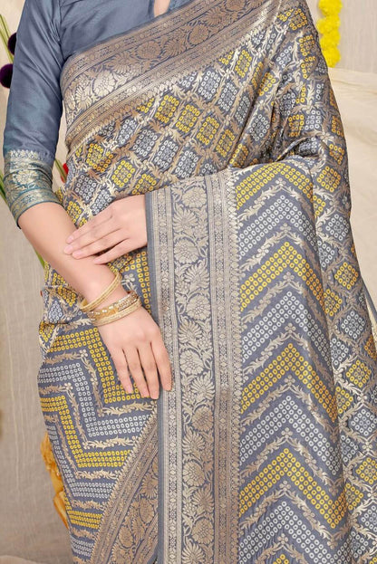 Glittering Grey Soft Banarasi Silk Saree With Beautiful Blouse Piece
