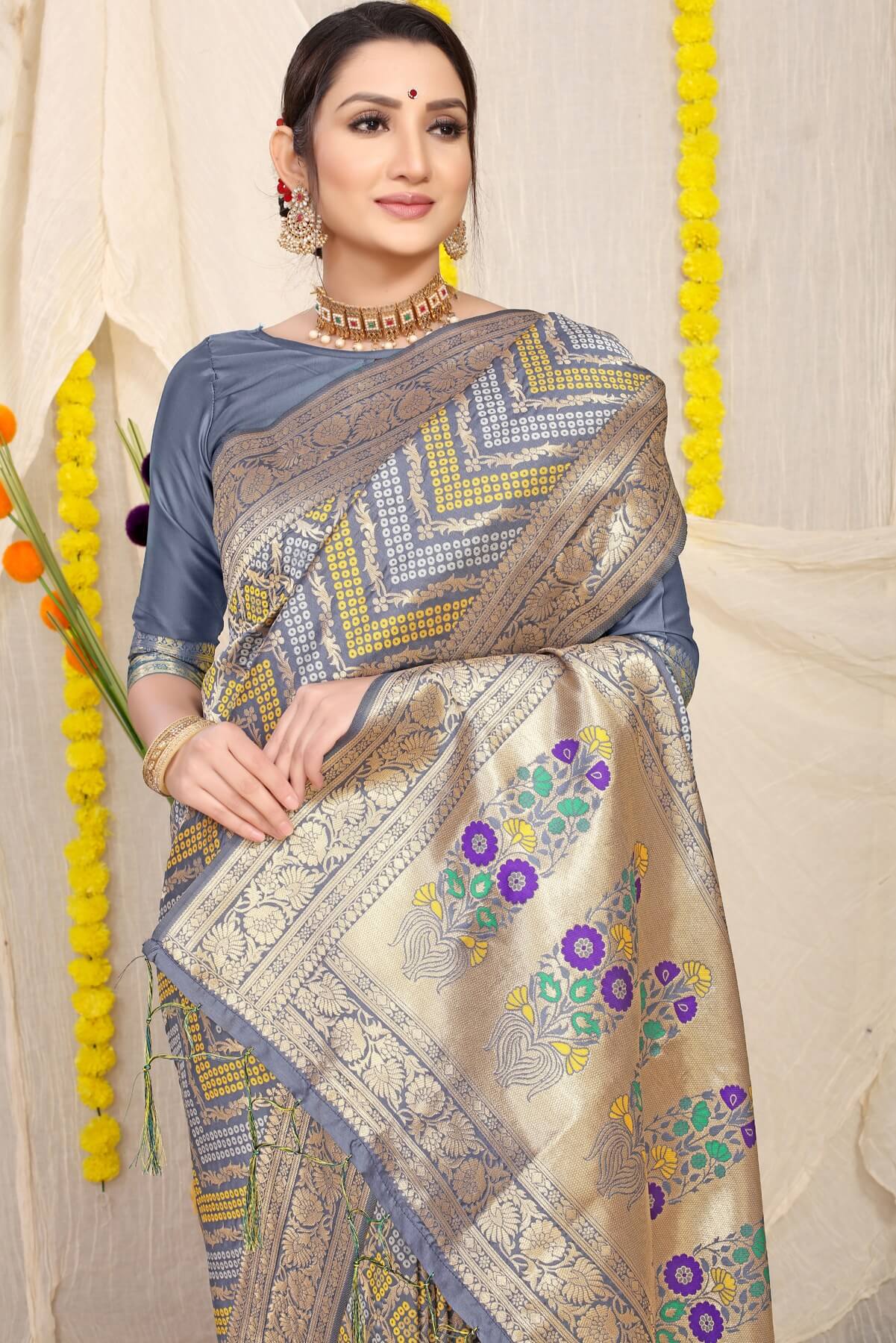 Glittering Grey Soft Banarasi Silk Saree With Beautiful Blouse Piece