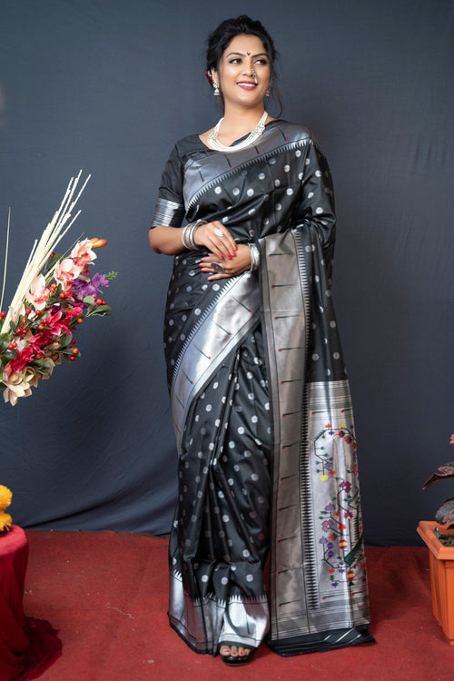 Load image into Gallery viewer, Precious Black Paithani Silk Saree With Magnetic Blouse Piece
