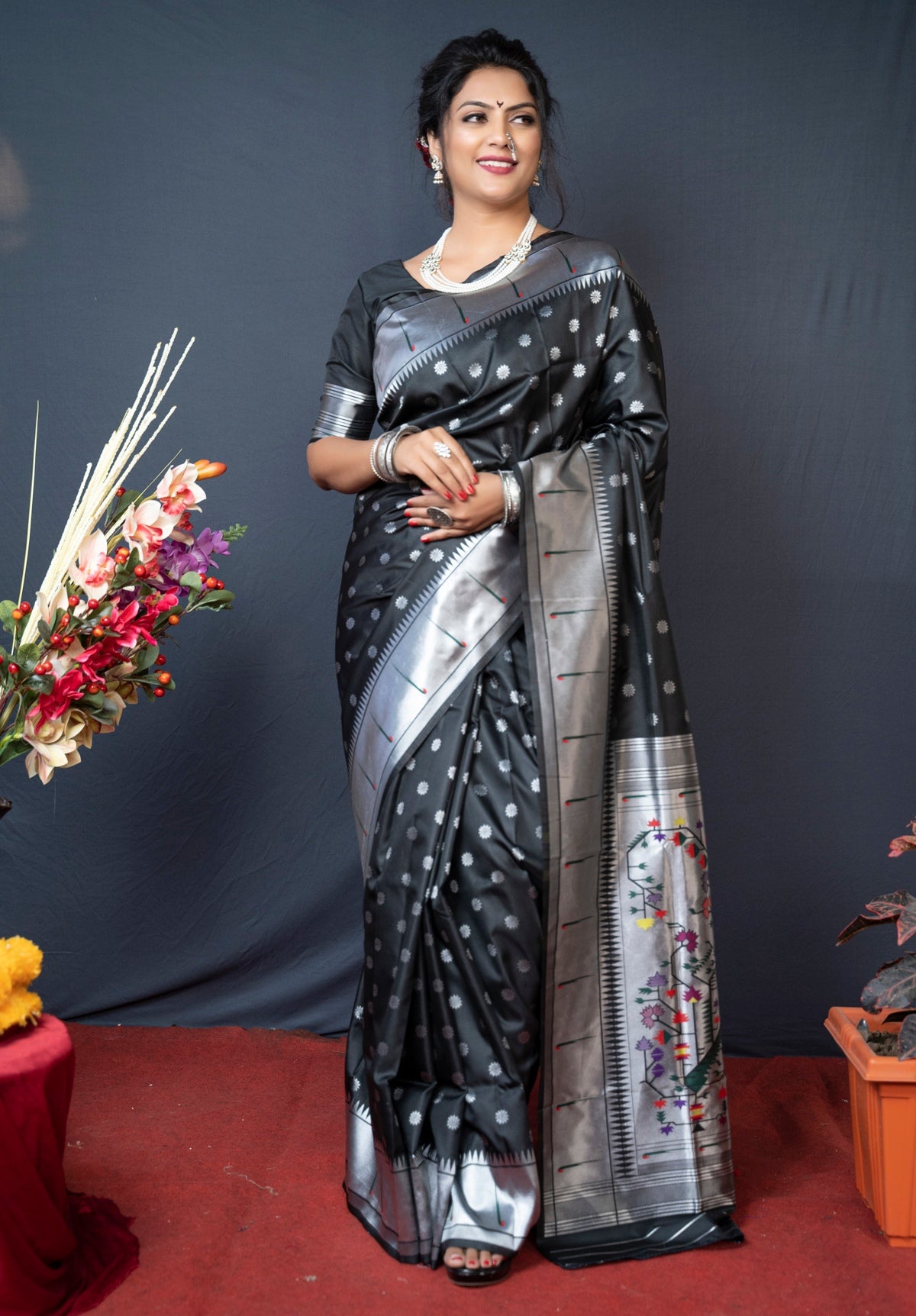 Kora and Stone Handwork Saree on Chiffon - Pink Leaf