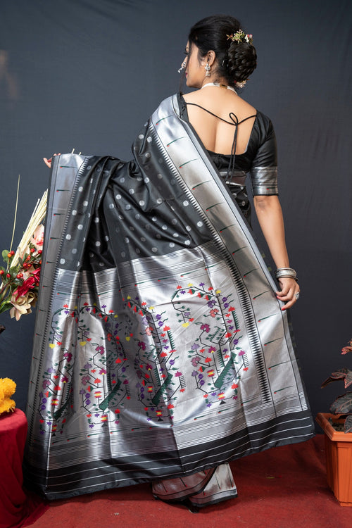 Load image into Gallery viewer, Precious Black Paithani Silk Saree With Magnetic Blouse Piece
