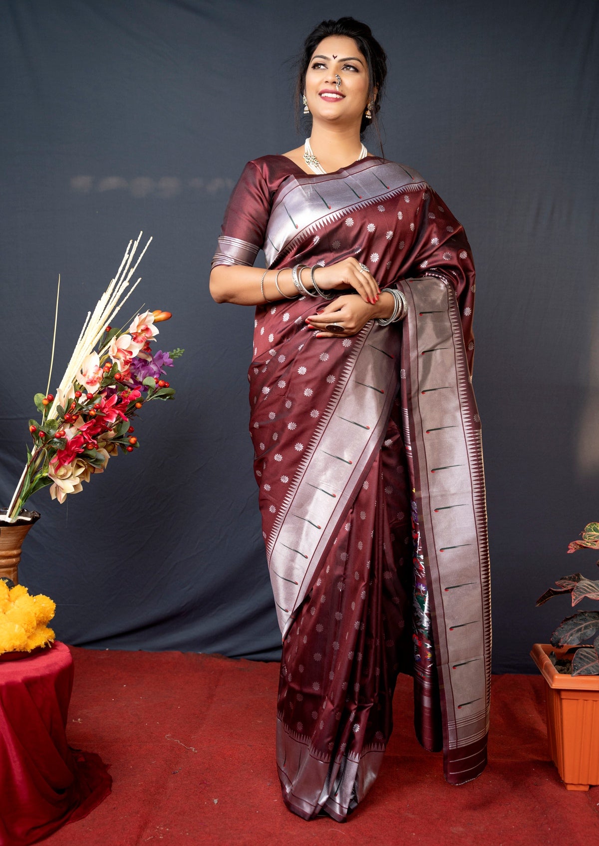 Lovely Brown Paithani Silk Saree With Magnetic Blouse Piece