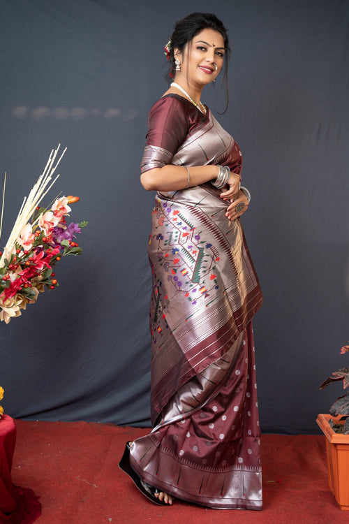 Load image into Gallery viewer, Lovely Brown Paithani Silk Saree With Magnetic Blouse Piece
