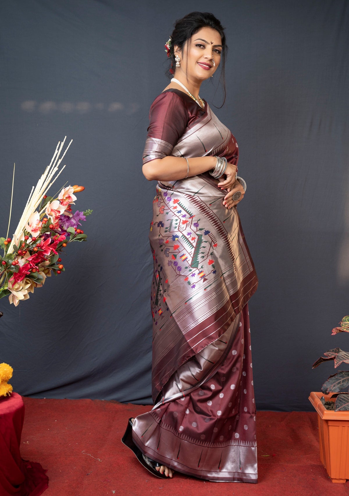 Lovely Brown Paithani Silk Saree With Magnetic Blouse Piece