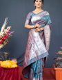Amazing Grey Paithani Silk Saree With Magnetic Blouse Piece