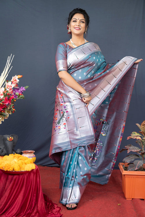 Load image into Gallery viewer, Amazing Grey Paithani Silk Saree With Magnetic Blouse Piece
