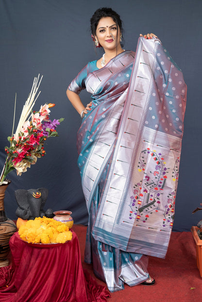 Amazing Grey Paithani Silk Saree With Magnetic Blouse Piece