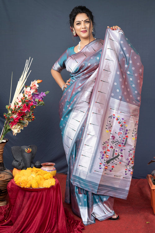 Load image into Gallery viewer, Amazing Grey Paithani Silk Saree With Magnetic Blouse Piece

