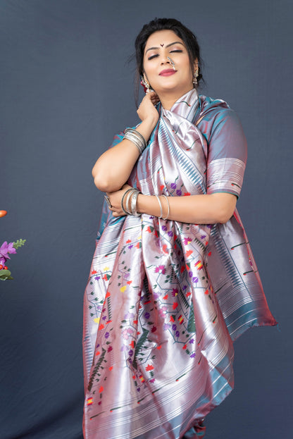 Amazing Grey Paithani Silk Saree With Magnetic Blouse Piece