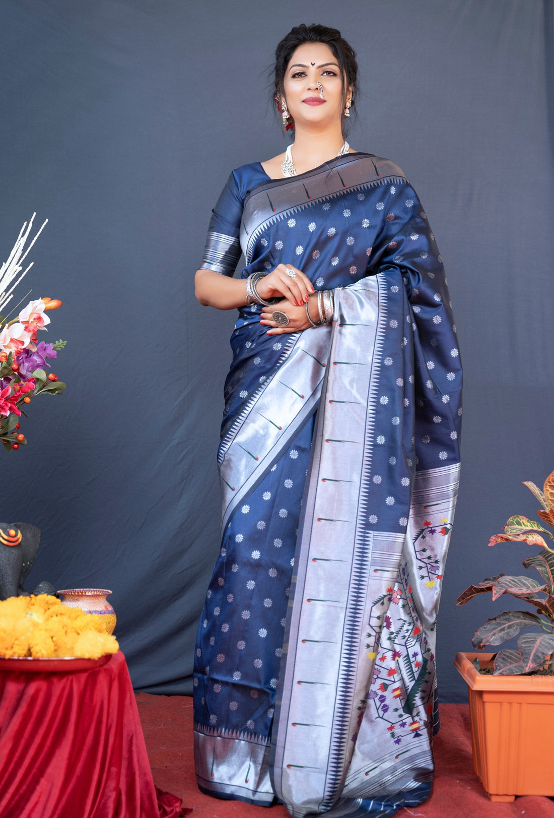 Classy Navy Blue Paithani Silk Saree With Magnetic Blouse Piece