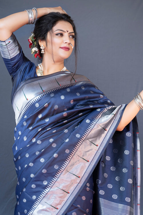 Load image into Gallery viewer, Classy Navy Blue Paithani Silk Saree With Magnetic Blouse Piece
