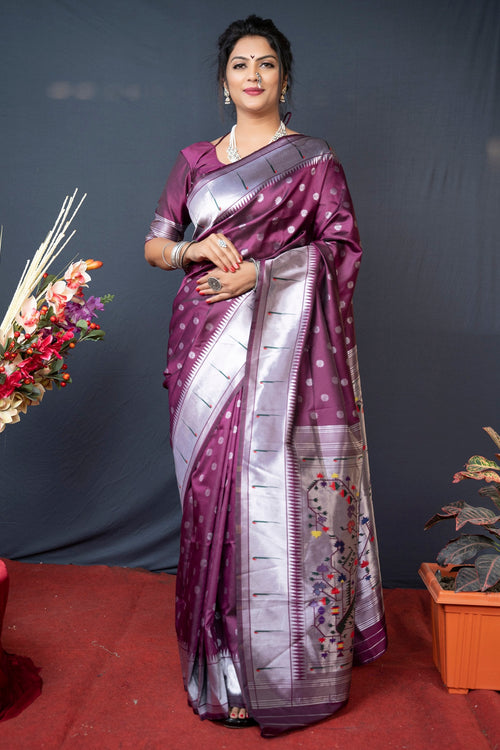 Load image into Gallery viewer, Flattering Purple Paithani Silk Saree With Magnetic Blouse Piece
