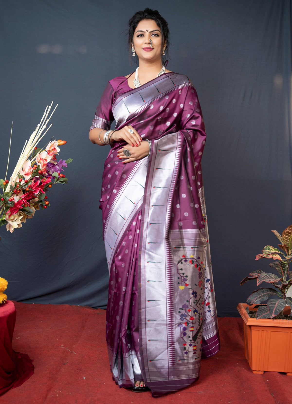 Flattering Purple Paithani Silk Saree With Magnetic Blouse Piece