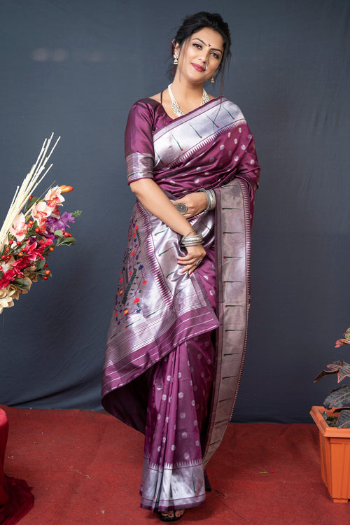 Load image into Gallery viewer, Flattering Purple Paithani Silk Saree With Magnetic Blouse Piece
