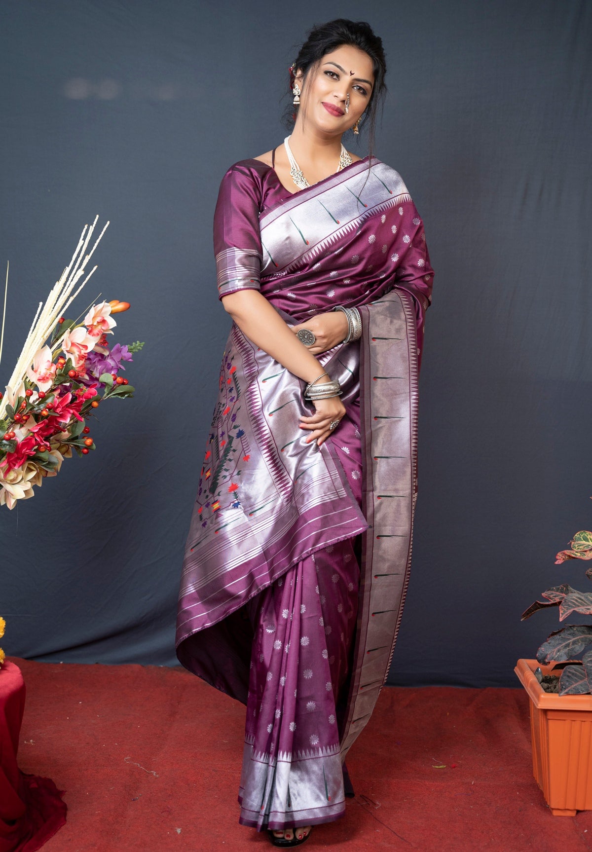 Flattering Purple Paithani Silk Saree With Magnetic Blouse Piece