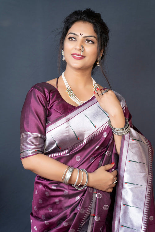 Load image into Gallery viewer, Flattering Purple Paithani Silk Saree With Magnetic Blouse Piece
