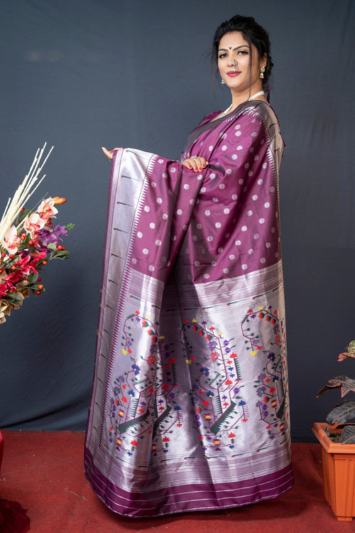 Load image into Gallery viewer, Flattering Purple Paithani Silk Saree With Magnetic Blouse Piece
