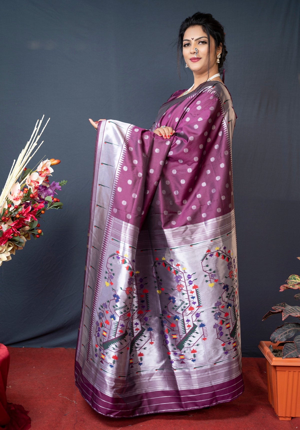 Flattering Purple Paithani Silk Saree With Magnetic Blouse Piece