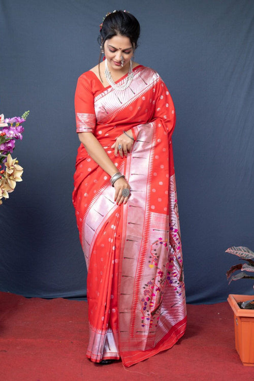 Load image into Gallery viewer, Pretty Red Paithani Silk Saree With Magnetic Blouse Piece
