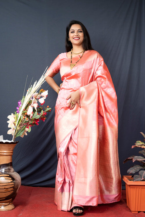 Load image into Gallery viewer, Elegant Baby Pink Banarasi Silk Saree With Pretty Blouse Piece
