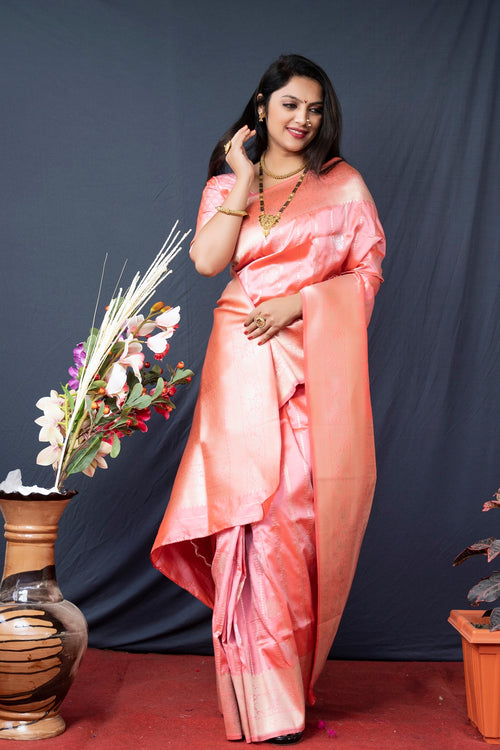 Load image into Gallery viewer, Elegant Baby Pink Banarasi Silk Saree With Pretty Blouse Piece
