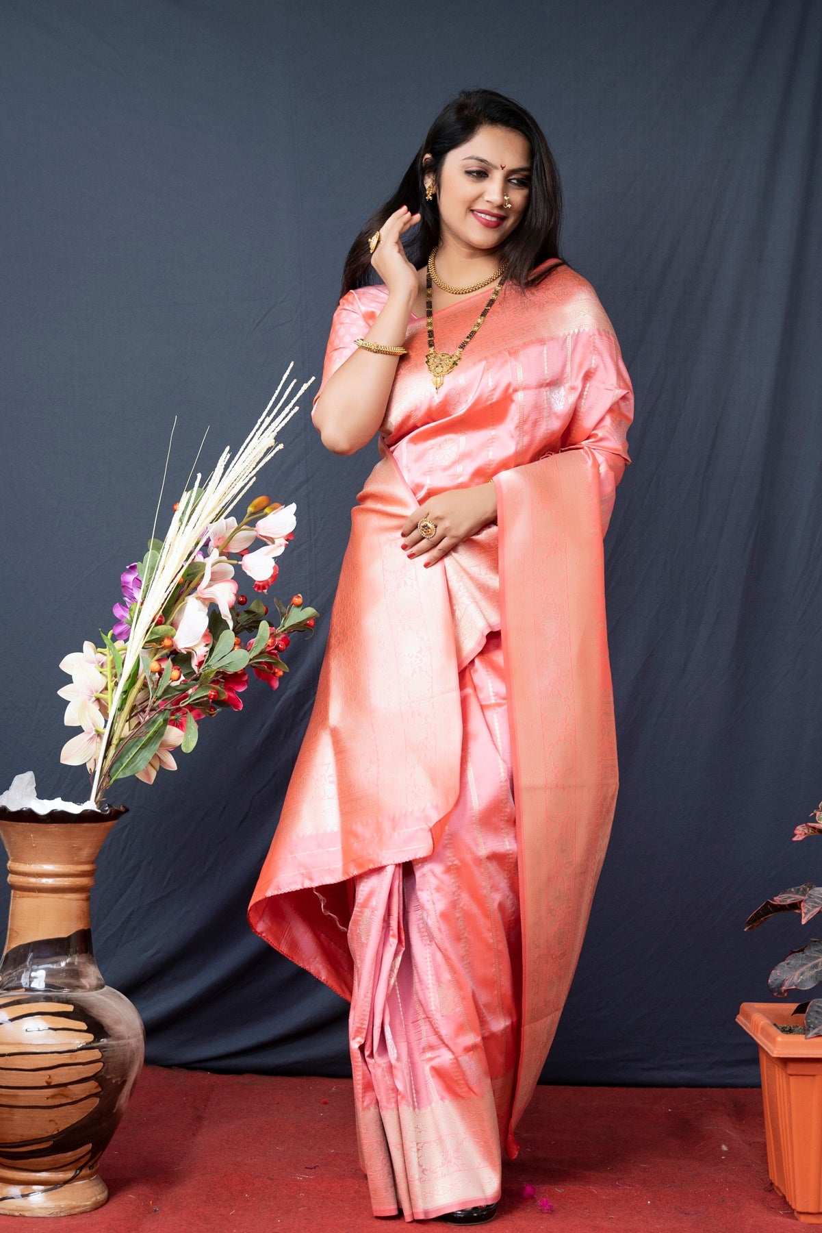 Elegant Baby Pink Banarasi Silk Saree With Pretty Blouse Piece